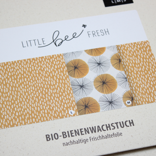 Verpackung der Bio-Bienenwachstücher im Starterset der Marke Little bee fresh in der Farbe Goldregen