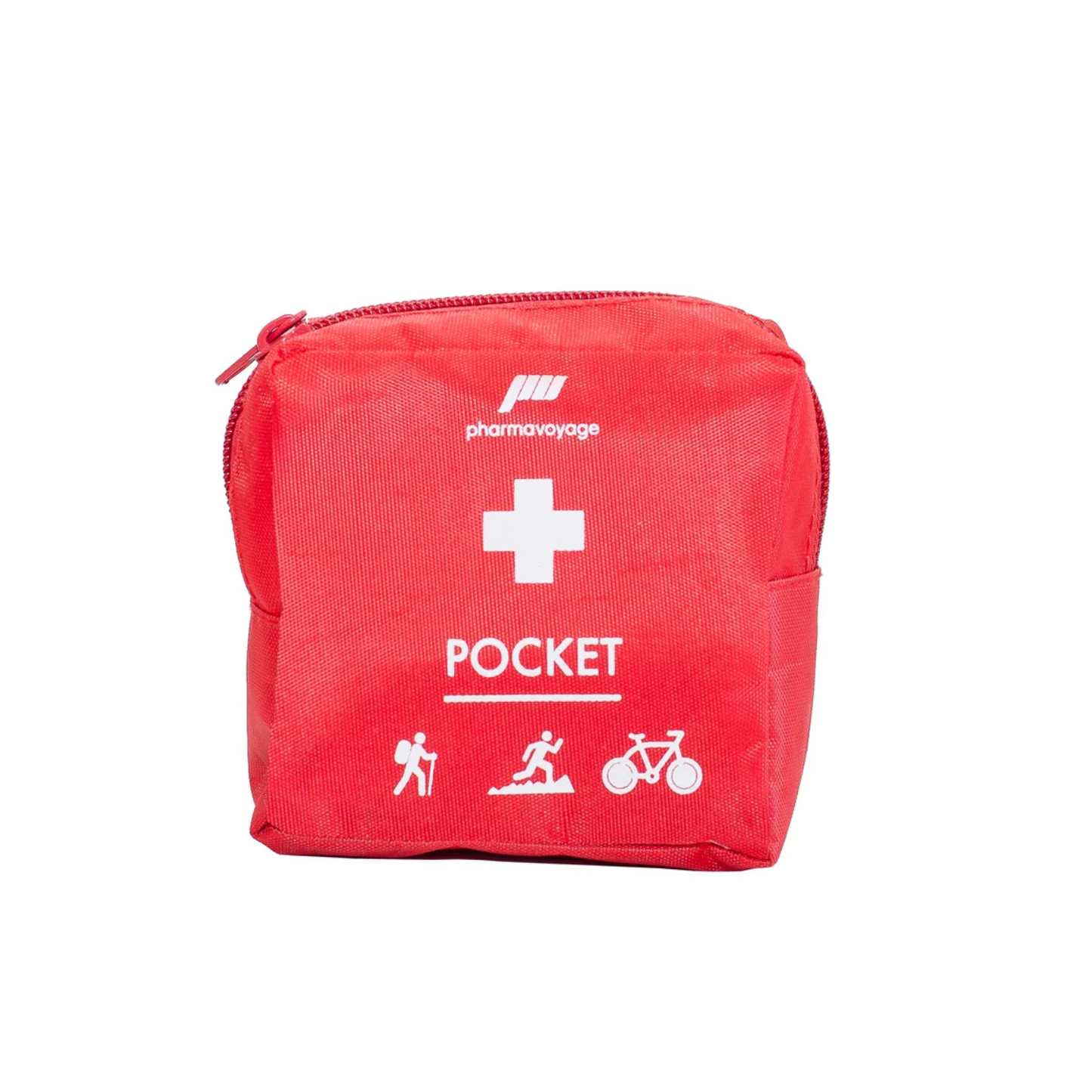 Erste-Hilfe-Set in roter Verpackungstasche mit der Aufschrift Pocket von pharmavoyage